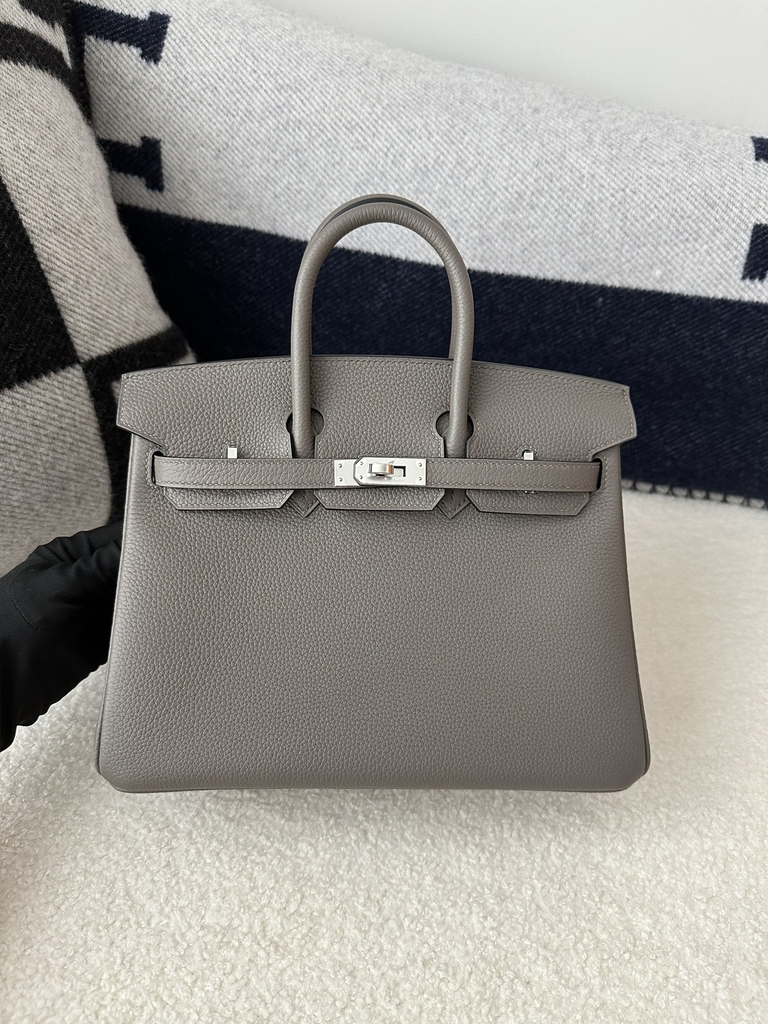Birkin 25cm in Imported Togo Leather, 8F Etain (Gray) with Silver Hardware.