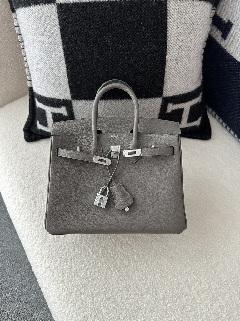 Birkin 25cm in Imported Togo Leather, 8F Etain (Gray) with Silver Hardware.
