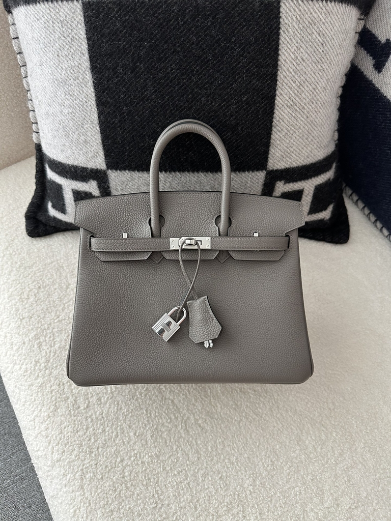 Birkin 25cm in Imported Togo Leather, 8F Etain (Gray) with Silver Hardware.