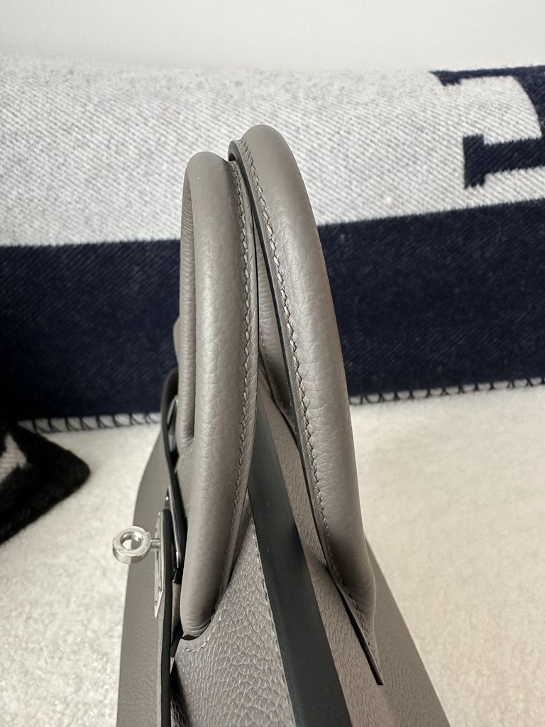 Birkin 25cm in Imported Togo Leather, 8F Etain (Gray) with Silver Hardware.