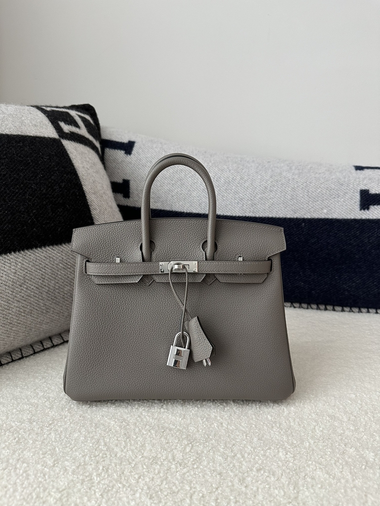 Birkin 25cm in Imported Togo Leather, 8F Etain (Gray) with Silver Hardware.
