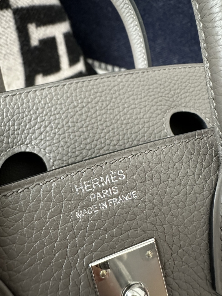 Birkin 25cm in Imported Togo Leather, 8F Etain (Gray) with Silver Hardware.