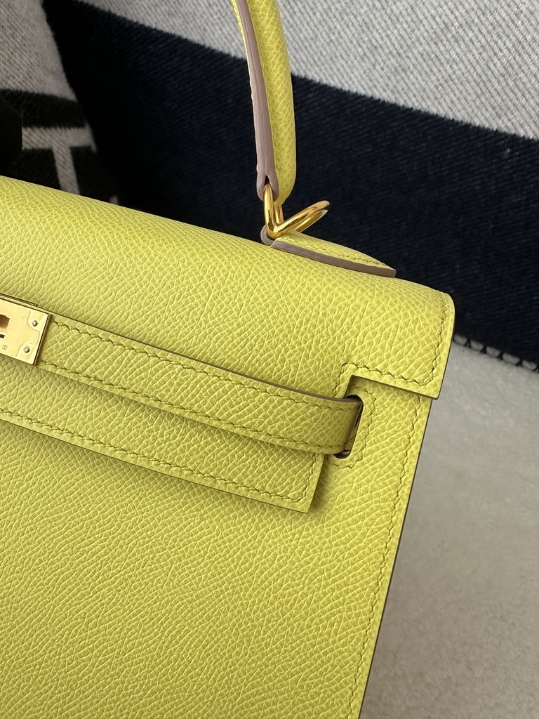 Kelly 25cm in imported Epsom grained leather, 9R Lime (lemon yellow)  with gold hardware.