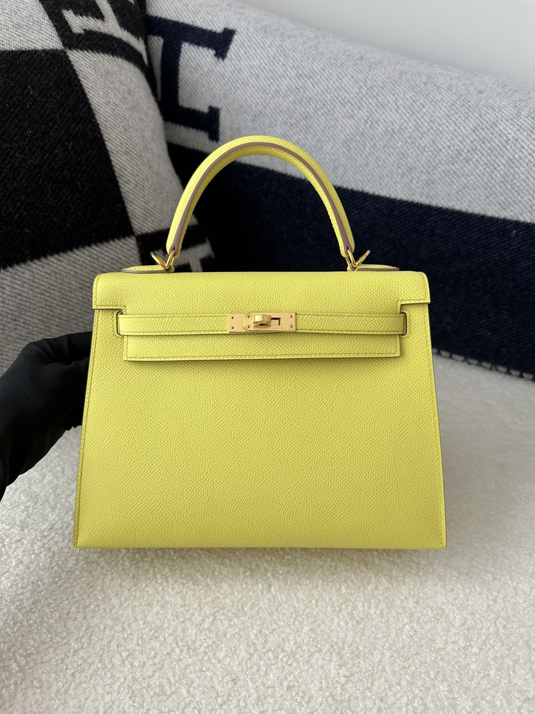 Kelly 25cm in imported Epsom grained leather, 9R Lime (lemon yellow)  with gold hardware.