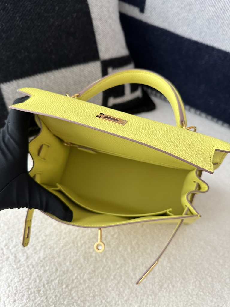 Kelly 25cm in imported Epsom grained leather, 9R Lime (lemon yellow)  with gold hardware.