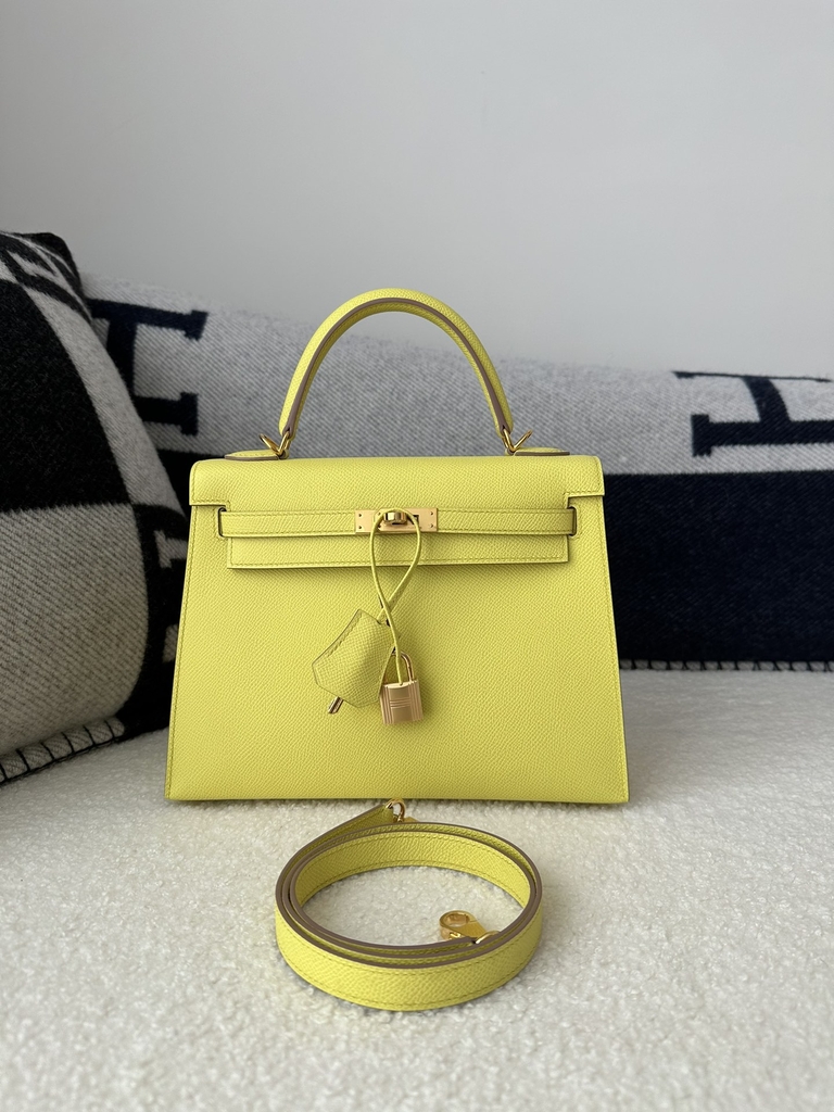 Kelly 25cm in imported Epsom grained leather, 9R Lime (lemon yellow)  with gold hardware.