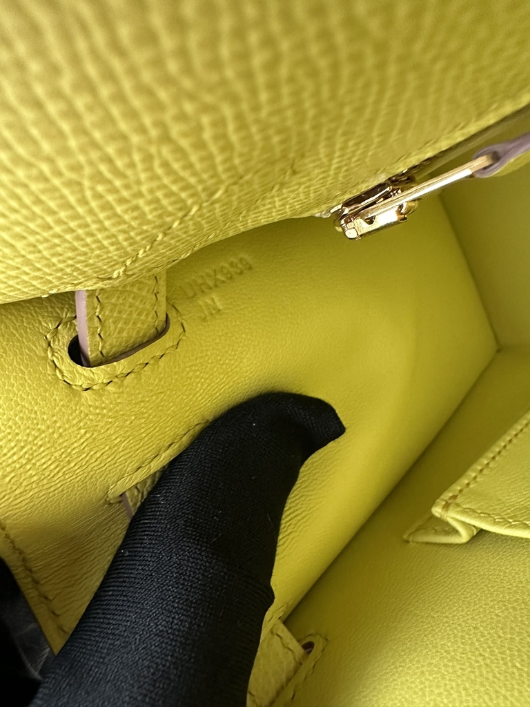 Kelly 25cm in imported Epsom grained leather, 9R Lime (lemon yellow)  with gold hardware.