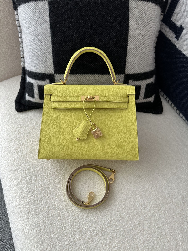 Kelly 25cm in imported Epsom grained leather, 9R Lime (lemon yellow)  with gold hardware.