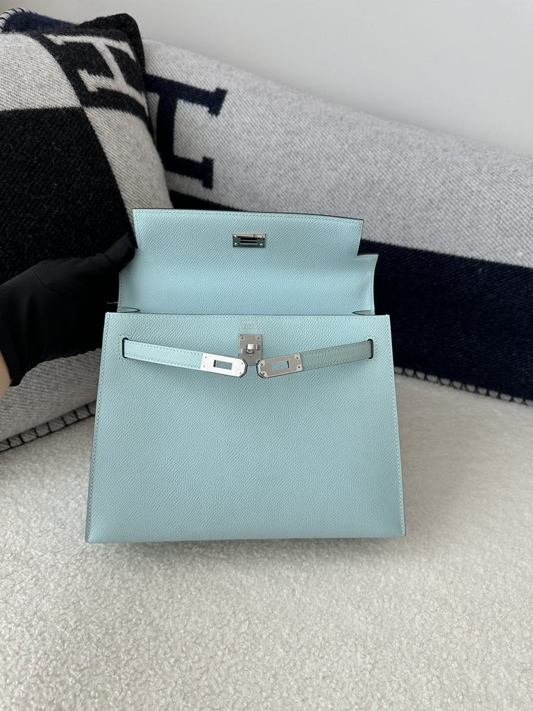 Kelly 25cm in Imported Epsom Grained Leather, U2 Bleu Zephyr (Breeze Blue) with Silver Hardware