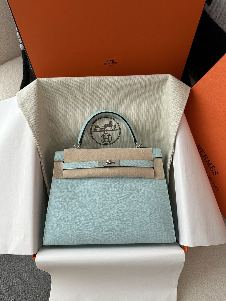 Kelly 25cm in Imported Epsom Grained Leather, U2 Bleu Zephyr (Breeze Blue) with Silver Hardware