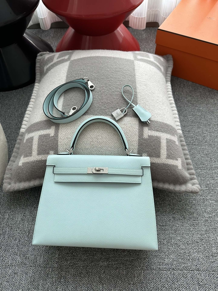 Kelly 25cm in Imported Epsom Grained Leather, U2 Bleu Zephyr (Breeze Blue) with Silver Hardware