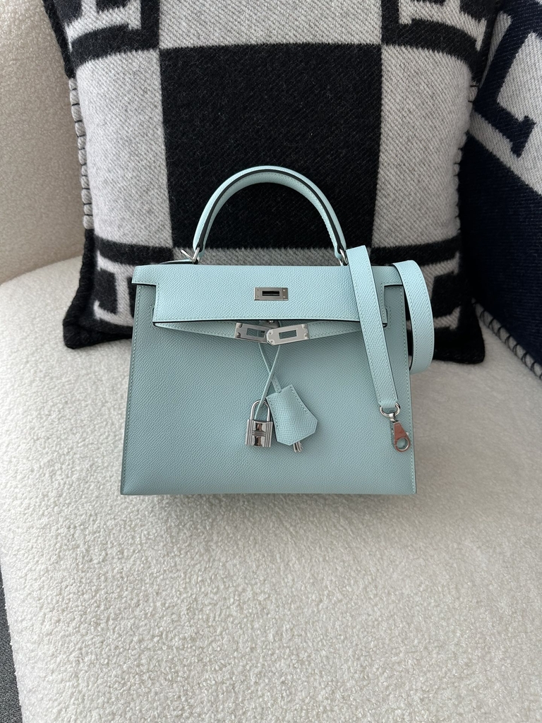 Kelly 25cm in Imported Epsom Grained Leather, U2 Bleu Zephyr (Breeze Blue) with Silver Hardware