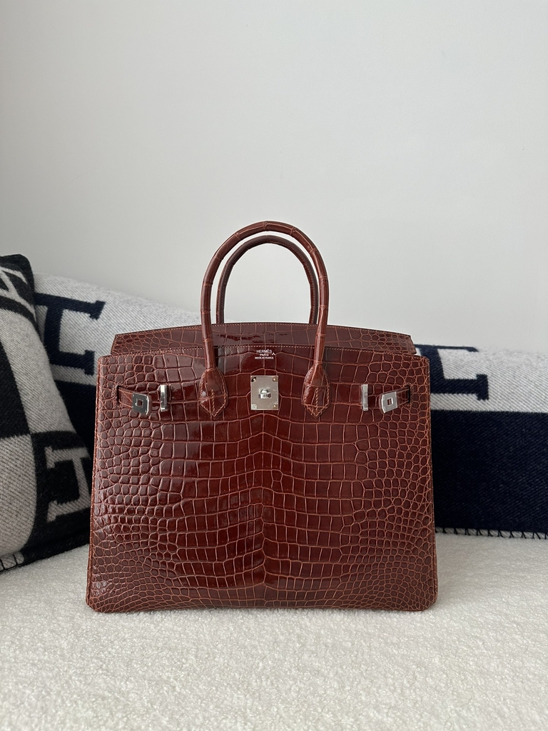 Birkin 35cm in Shiny Porosus Crocodile (top-grade imported HCP-dyed glossy crocodile leather, Nile crocodile with inverted 