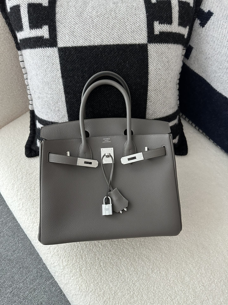 Birkin 30cm in Imported Togo Calfskin Leather, 8F Etain (Tin Grey) with Silver Hardware.