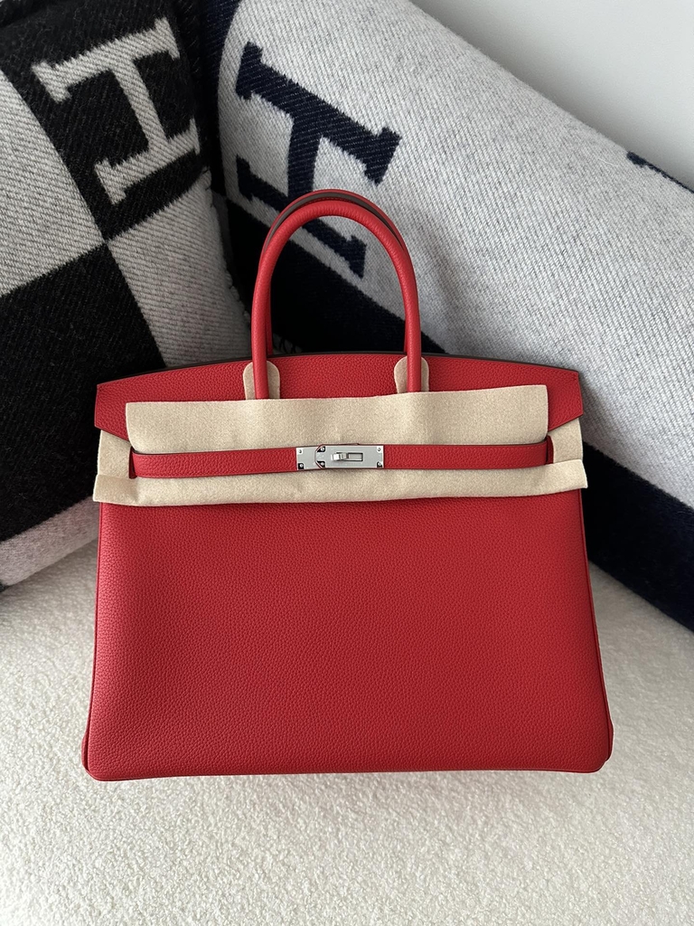 Birkin 35cm in Imported Togo Calfskin Leather, Q5 Rouge Casaque (Flag Red) with Silver Hardware.