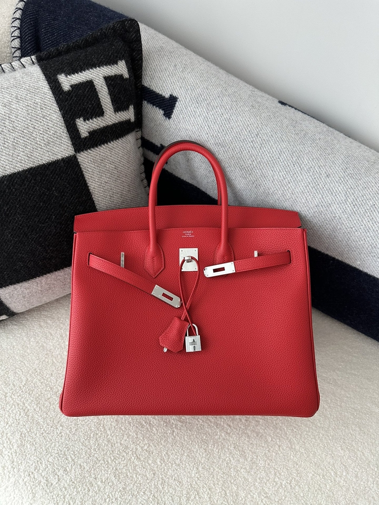 Birkin 35cm in Imported Togo Calfskin Leather, Q5 Rouge Casaque (Flag Red) with Silver Hardware.