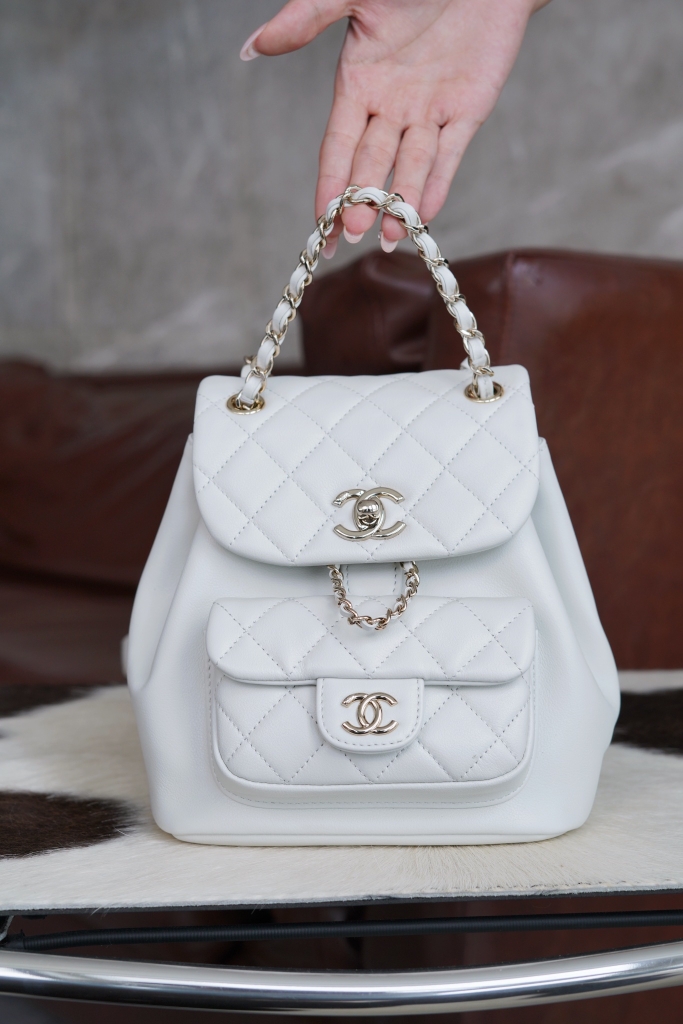 CHANEL 24P Duma Backpack White Genuine Leather