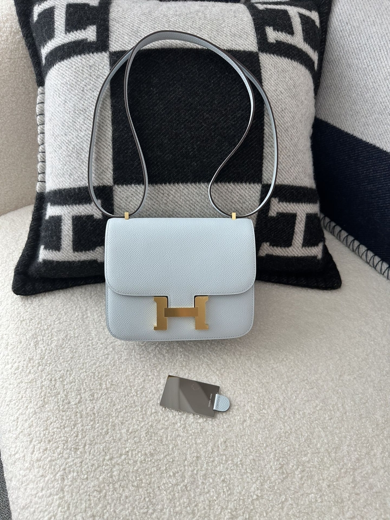 Constance 18cm New Mirror Edition in Imported Epsom Leather, T0 Blue Brume with Gold Hardware