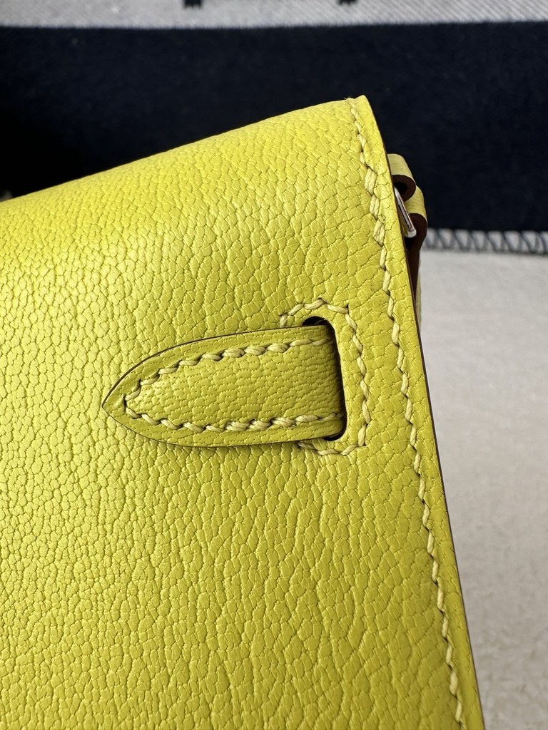 Kelly To Go Crossbody Wallet in Imported Chevre Goatskin, 9R Lime Yellow with Silver Hardware, 100% Handmade with Top-Quality Waxed Thread Stitching