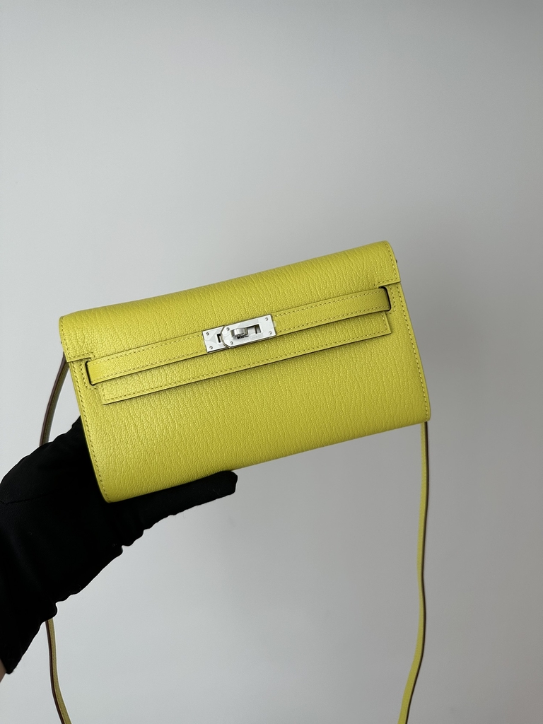 Kelly To Go Crossbody Wallet in Imported Chevre Goatskin, 9R Lime Yellow with Silver Hardware, 100% Handmade with Top-Quality Waxed Thread Stitching
