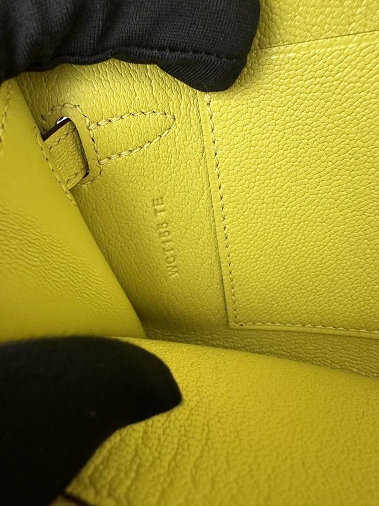 Kelly To Go Crossbody Wallet in Imported Chevre Goatskin, 9R Lime Yellow with Silver Hardware, 100% Handmade with Top-Quality Waxed Thread Stitching