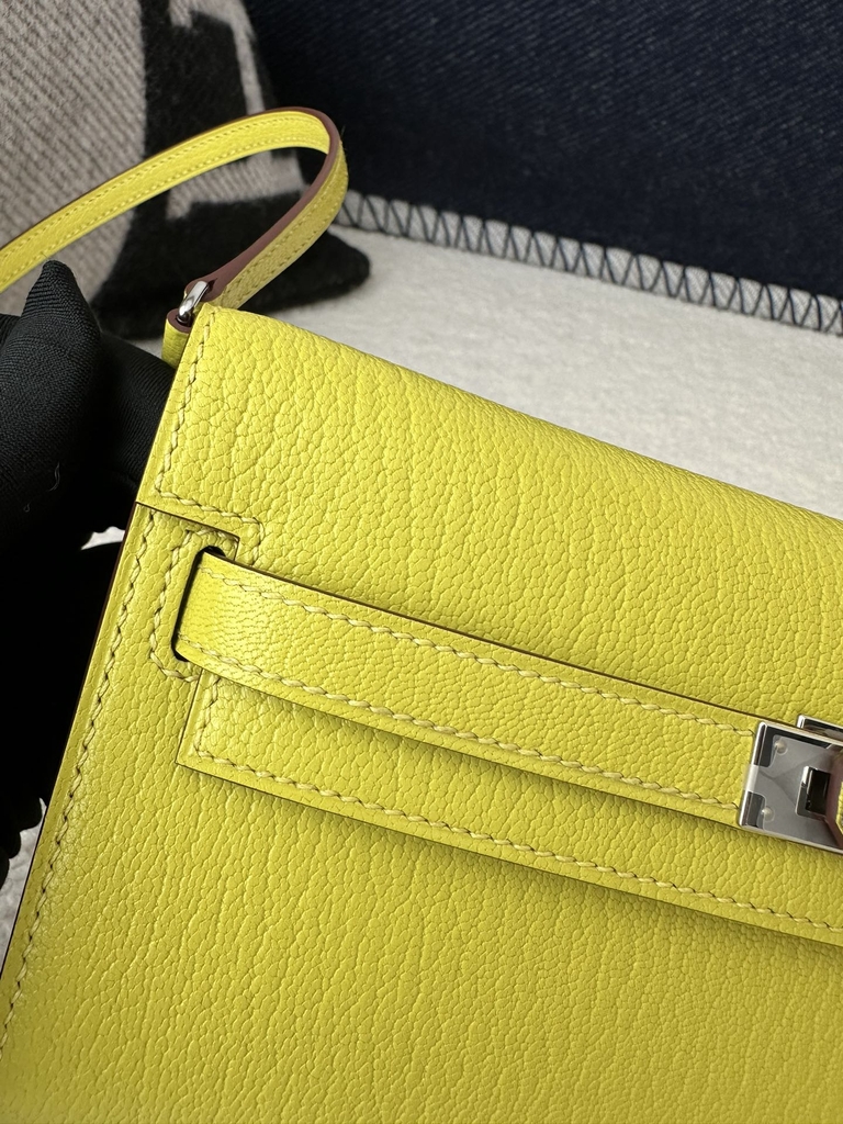 Kelly To Go Crossbody Wallet in Imported Chevre Goatskin, 9R Lime Yellow with Silver Hardware, 100% Handmade with Top-Quality Waxed Thread Stitching