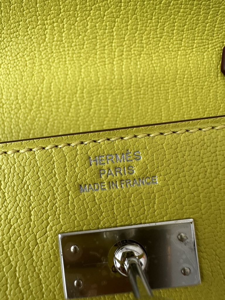 Kelly To Go Crossbody Wallet in Imported Chevre Goatskin, 9R Lime Yellow with Silver Hardware, 100% Handmade with Top-Quality Waxed Thread Stitching
