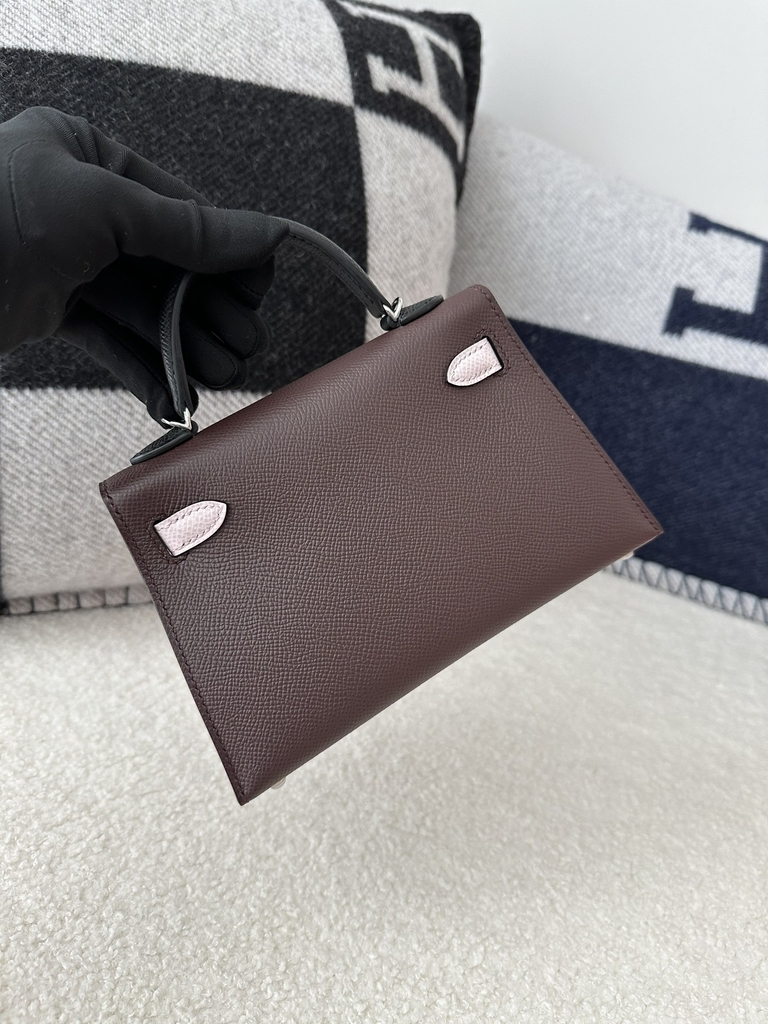 Kelly Mini II in Imported Epsom Leather, 0G Rouge Sellier Saddle Red with 09 Mauve Pale Dreamy Pink and CC89 Noir Black, featuring Silver Hardware