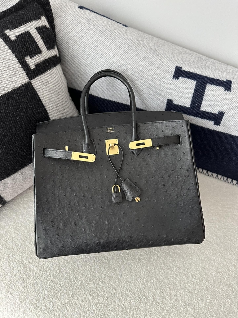 Birkin 35cm Touch in Imported Klein Karoo Ostrich Leather, CC89 Noir Black with Gold Hardware