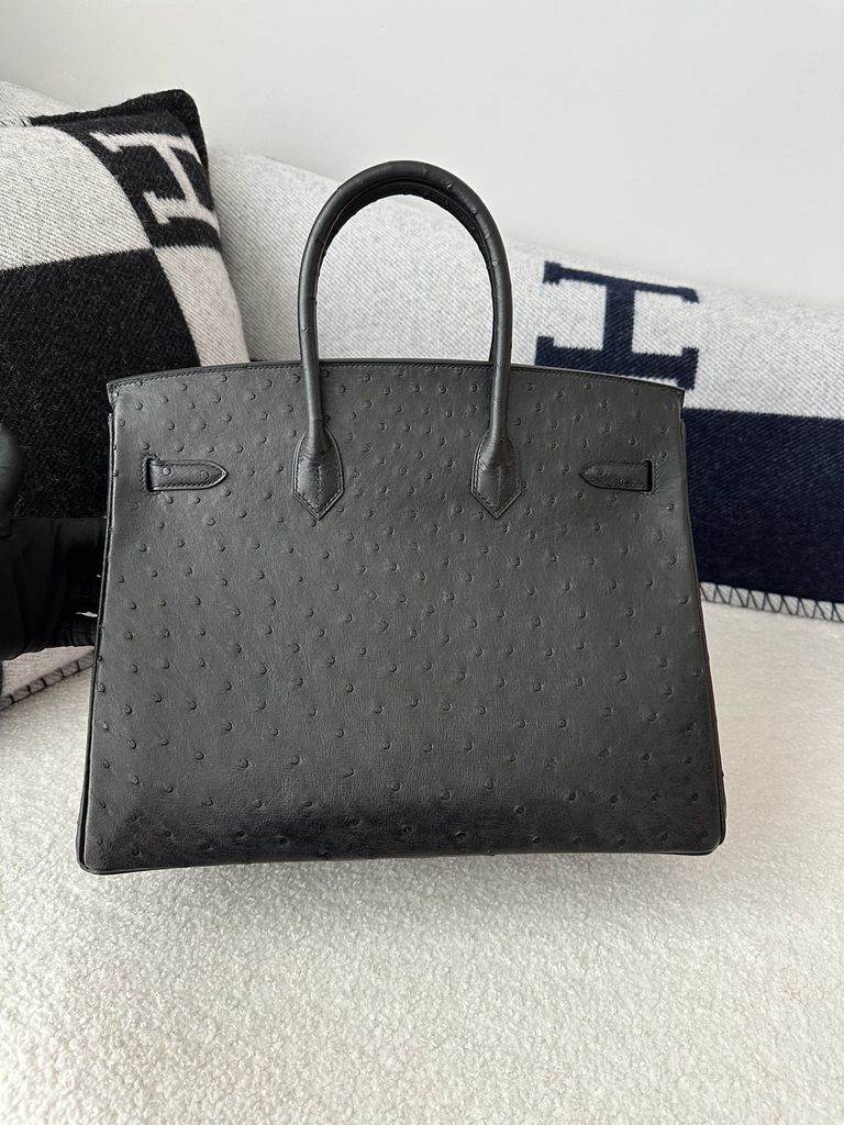 Birkin 35cm Touch in Imported Klein Karoo Ostrich Leather, CC89 Noir Black with Gold Hardware