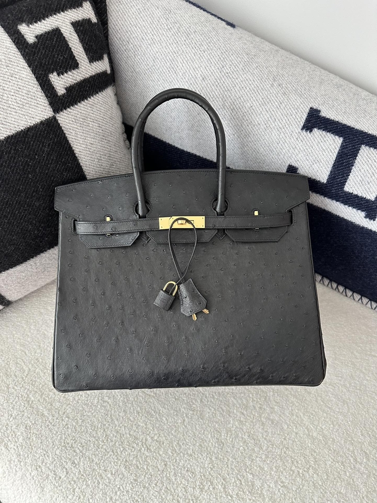 Birkin 35cm Touch in Imported Klein Karoo Ostrich Leather, CC89 Noir Black with Gold Hardware