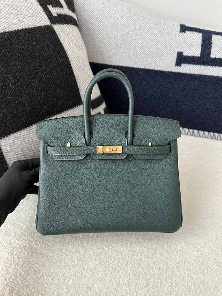 Birkin 25cm in Imported Togo Calfskin, 6O Vert Cypres Pine Green with Gold Hardware.