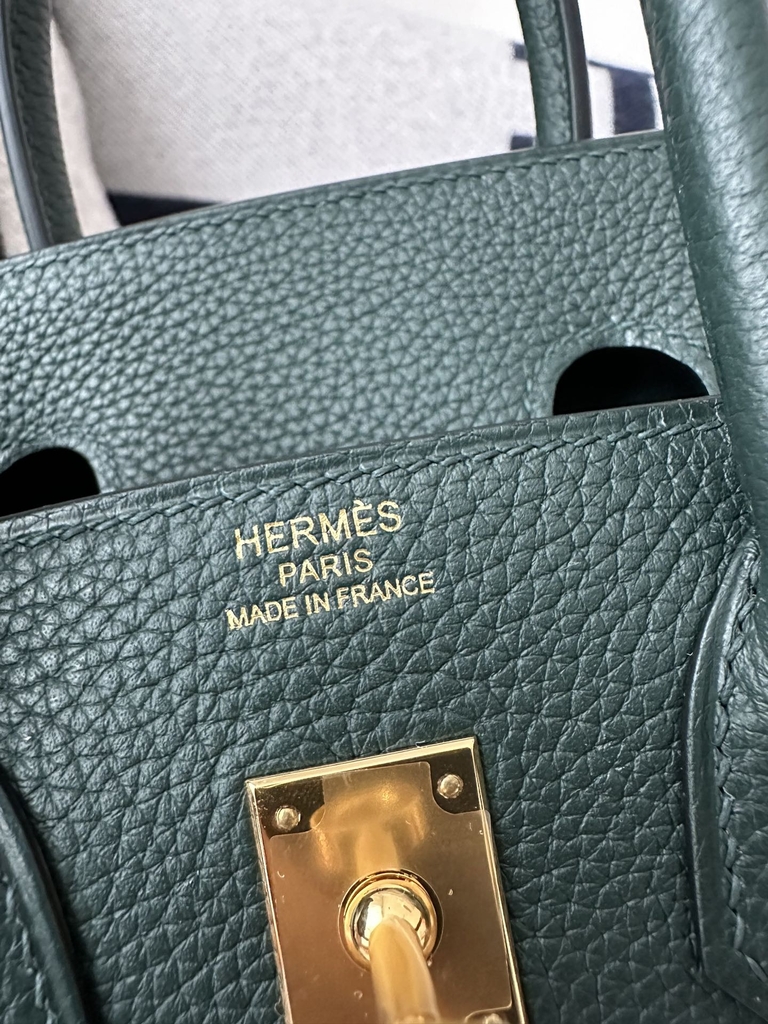 Birkin 25cm in Imported Togo Calfskin, 6O Vert Cypres Pine Green with Gold Hardware.