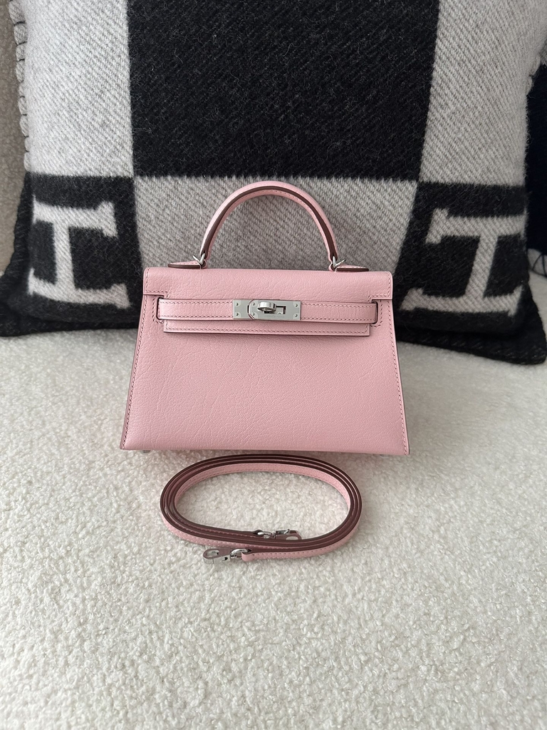 Kelly Mini II in Imported Evercolor Goat Leather, 3Q Pink Cherry Blossom with Silver Hardware.