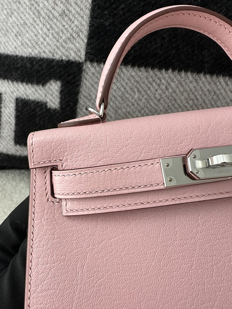 Kelly Mini II in Imported Evercolor Goat Leather, 3Q Pink Cherry Blossom with Silver Hardware.