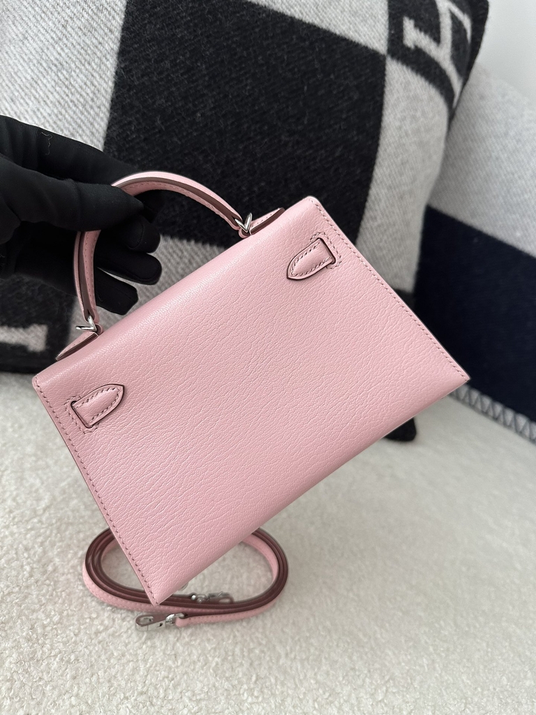 Kelly Mini II in Imported Evercolor Goat Leather, 3Q Pink Cherry Blossom with Silver Hardware.