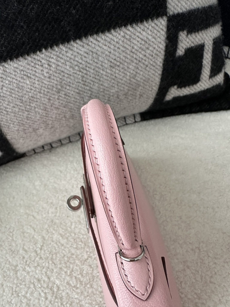 Kelly Mini II in Imported Evercolor Goat Leather, 3Q Pink Cherry Blossom with Silver Hardware.