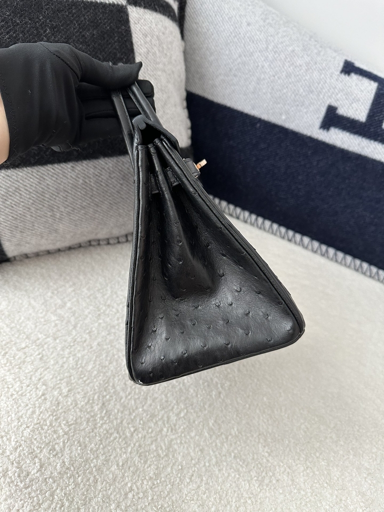 Birkin 25cm Touch in Imported Klein Karoo Ostrich Leather, CC89 Noir Black with Rose Gold Hardware.