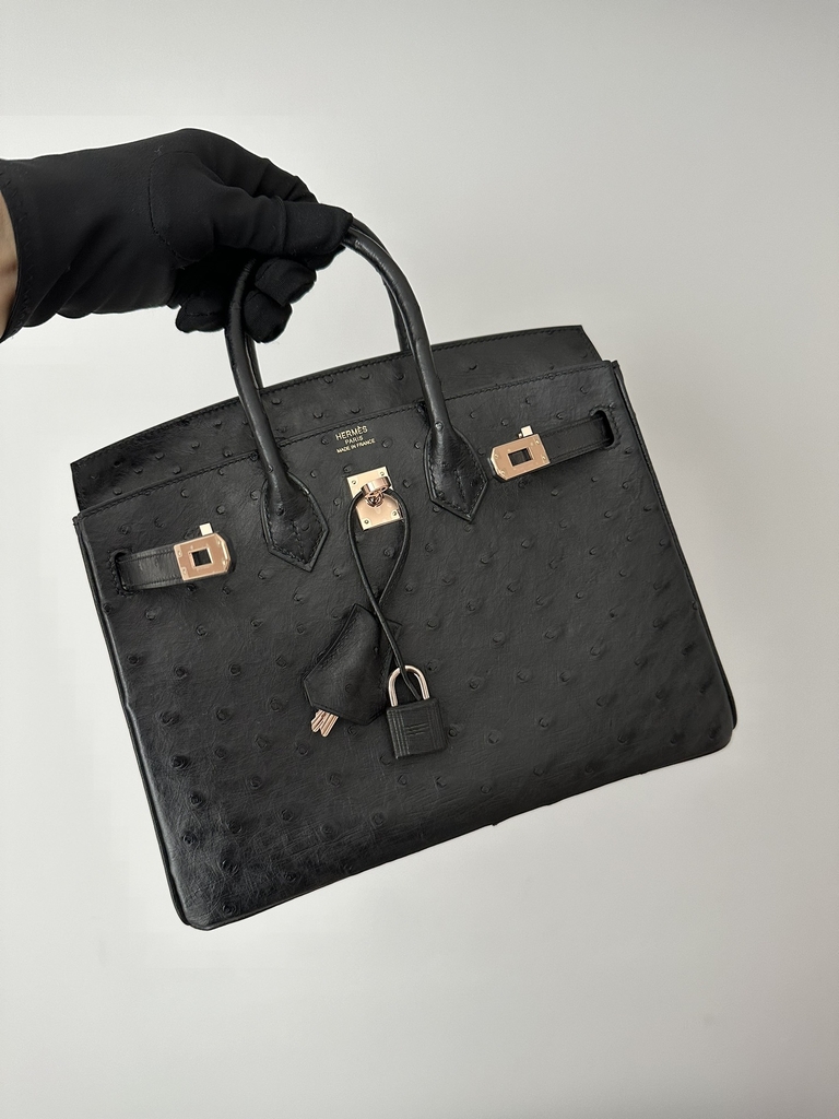 Birkin 25cm Touch in Imported Klein Karoo Ostrich Leather, CC89 Noir Black with Rose Gold Hardware.