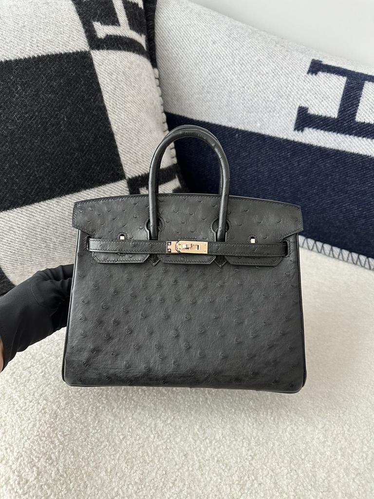 Birkin 25cm Touch in Imported Klein Karoo Ostrich Leather, CC89 Noir Black with Rose Gold Hardware.