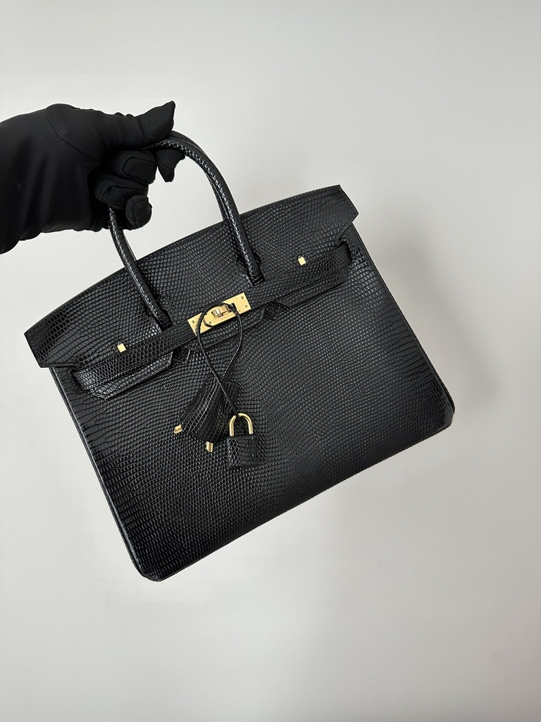Birkin 25cm in Imported Lizard Skin, CC89 Noir Black with Gold Hardware.