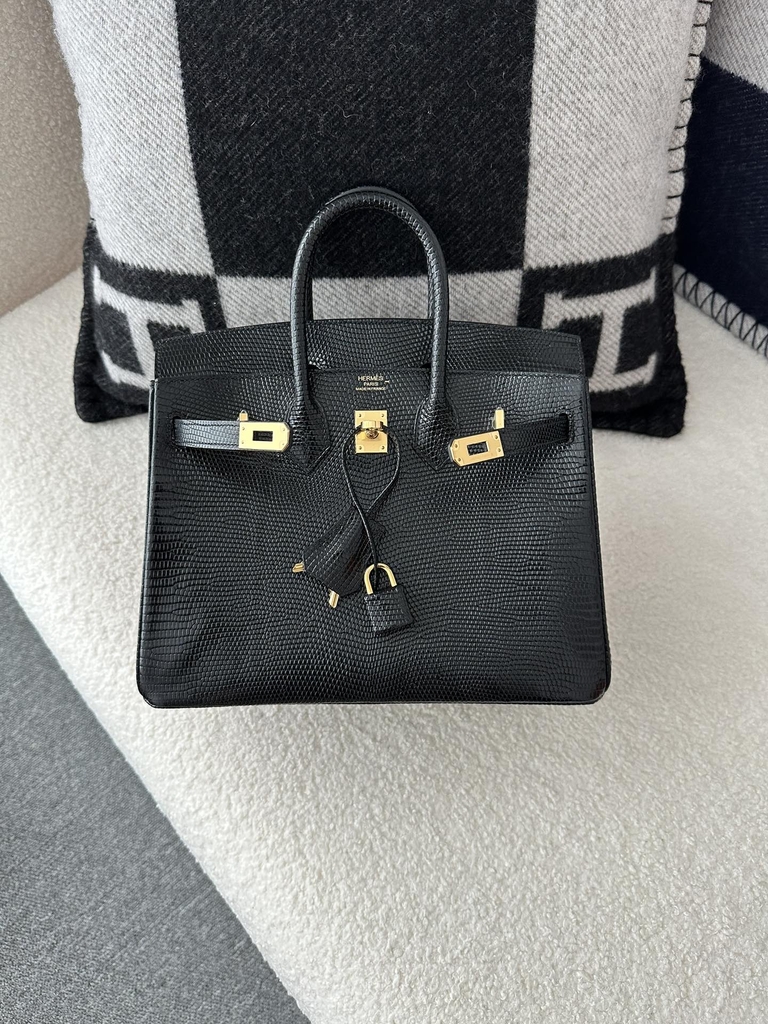 Birkin 25cm in Imported Lizard Skin, CC89 Noir Black with Gold Hardware.