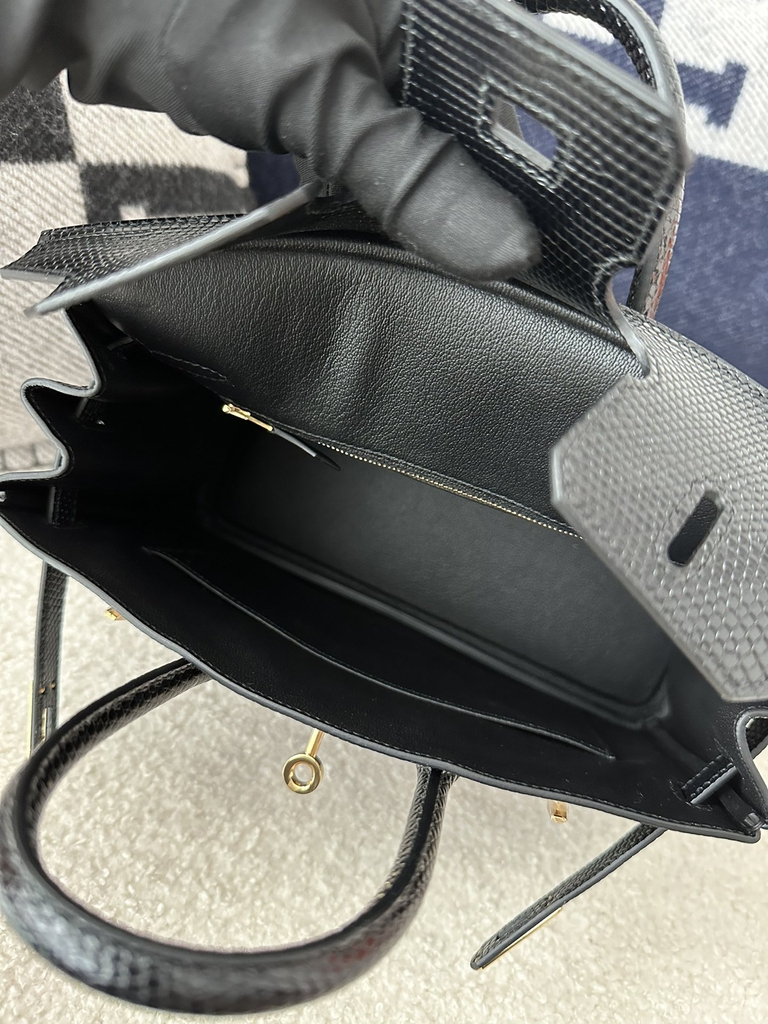 Birkin 25cm in Imported Lizard Skin, CC89 Noir Black with Gold Hardware.