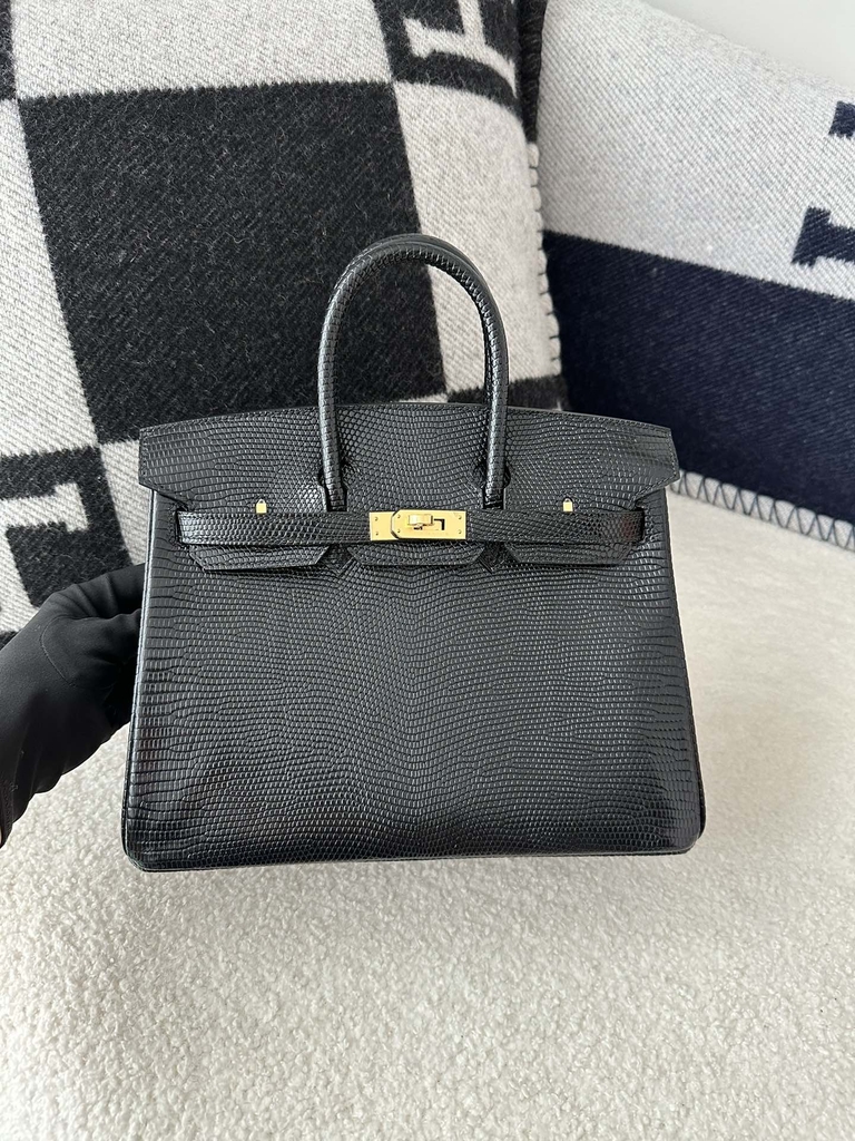 Birkin 25cm in Imported Lizard Skin, CC89 Noir Black with Gold Hardware.