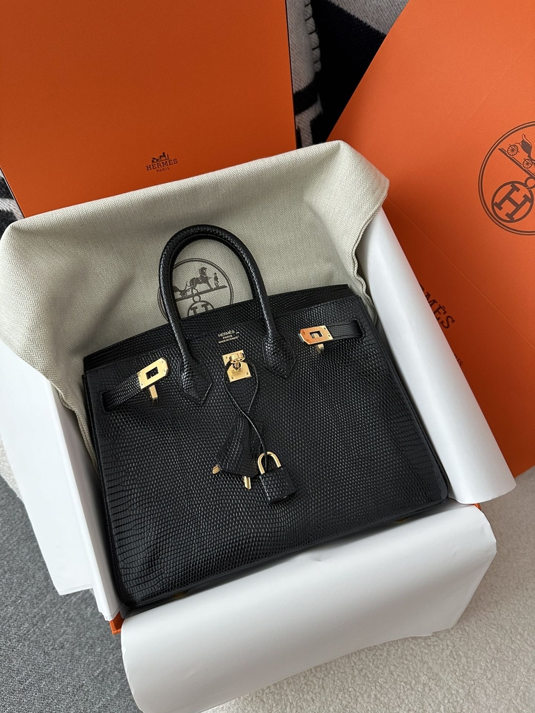 Birkin 25cm in Imported Lizard Skin, CC89 Noir Black with Gold Hardware.