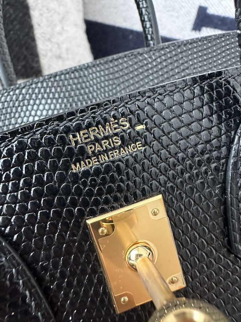 Birkin 25cm in Imported Lizard Skin, CC89 Noir Black with Gold Hardware.