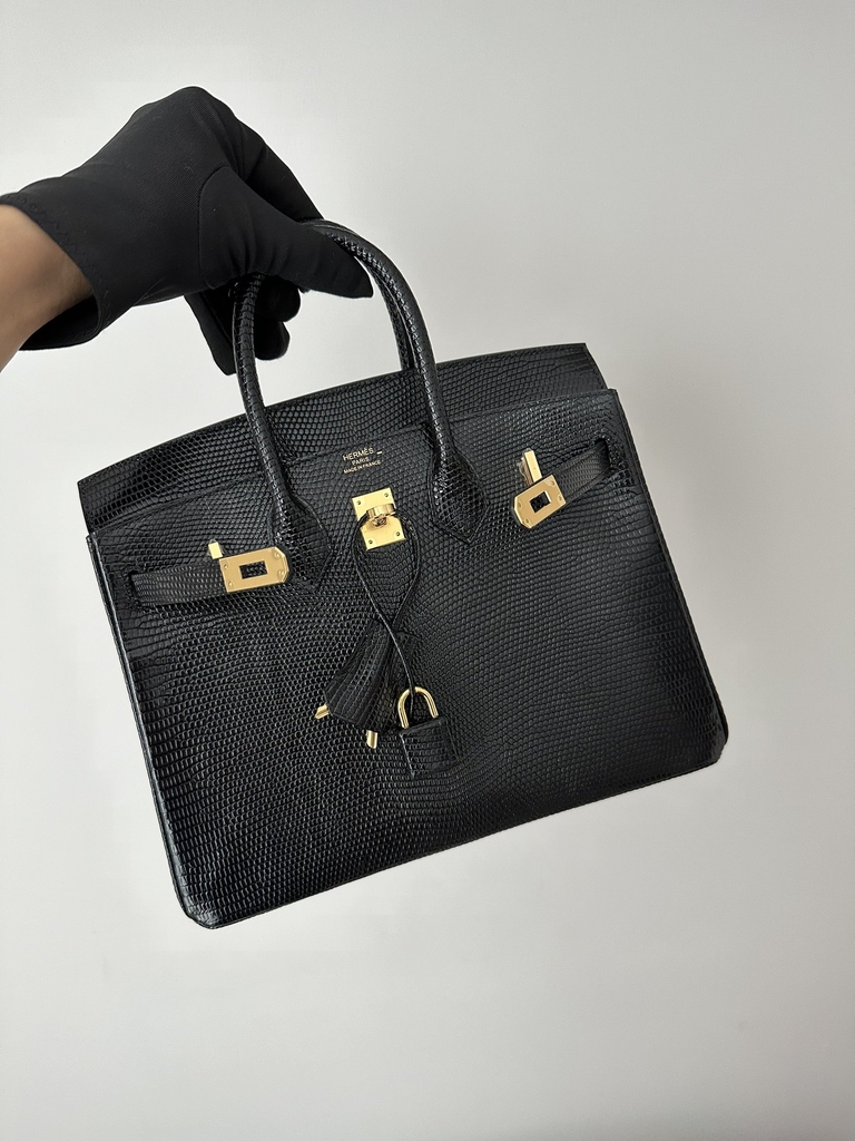 Birkin 25cm in Imported Lizard Skin, CC89 Noir Black with Gold Hardware.