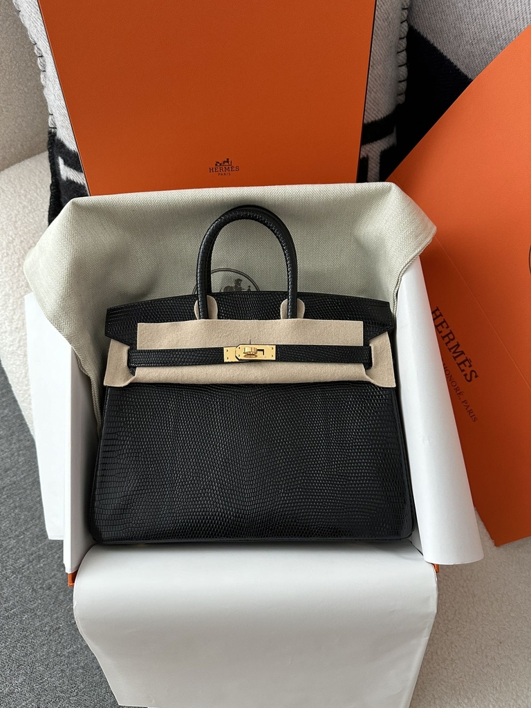 Birkin 25cm in Imported Lizard Skin, CC89 Noir Black with Gold Hardware.