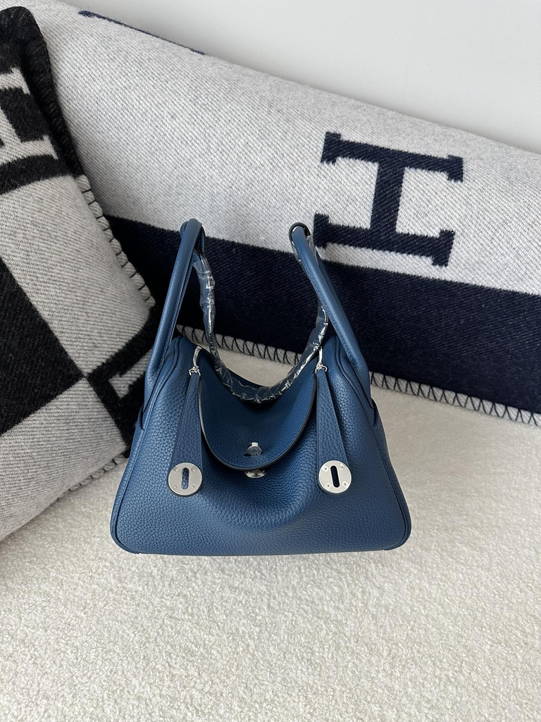 Lindy 26cm in Imported Togo Clemence Leather, S4 Deep Blue with Silver Hardware.