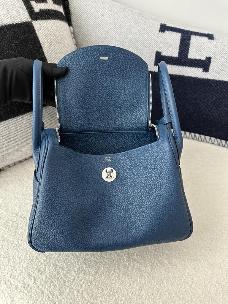 Lindy 26cm in Imported Togo Clemence Leather, S4 Deep Blue with Silver Hardware.
